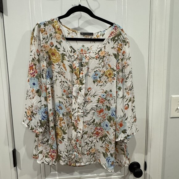 Rose & Olive Cream Floral Sheer Top EUC - Picture 1 of 9